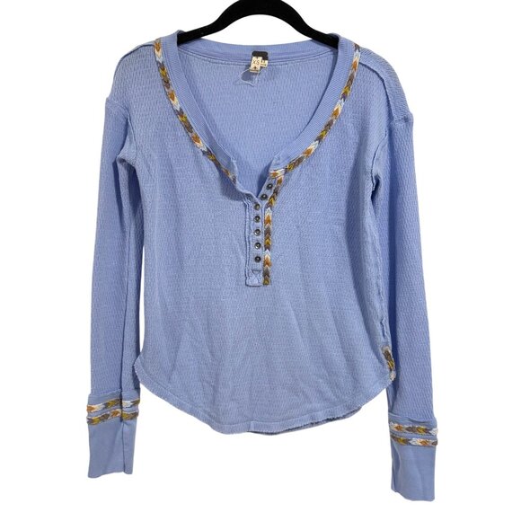 Free People Tops - Free People We the Free Rainbow Embroidered Thermal Long Sleeve Blue Top Size XS
